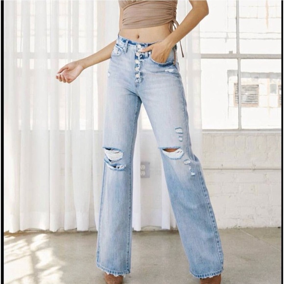 KanCan Light Blue Distressed 90’s Flare Jeans - Picture 1 of 7